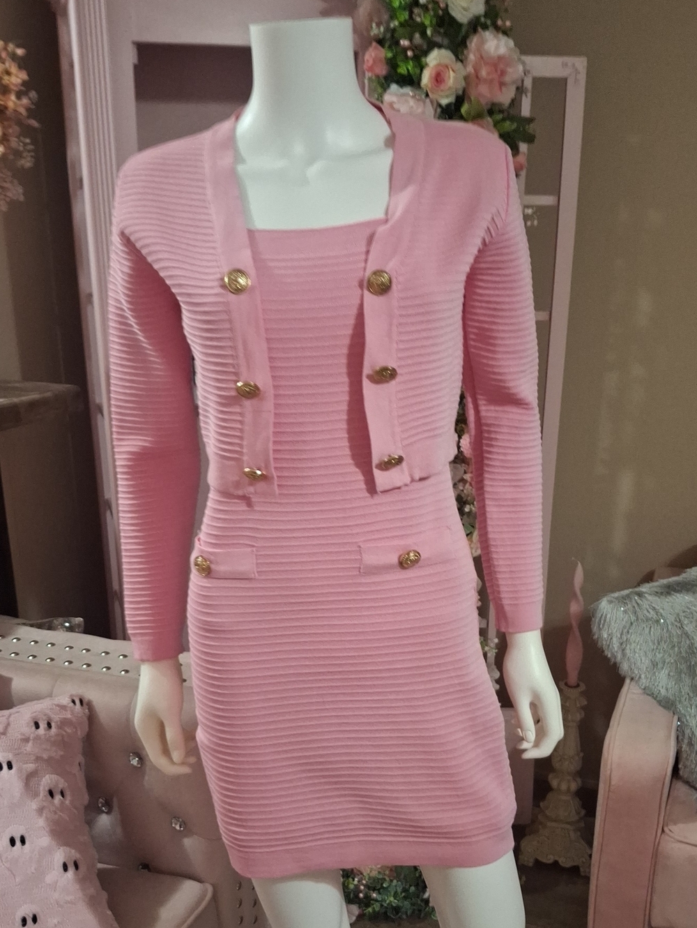 Women's Pink Ribbed Knit Two-Piece Jacket & Dress Set NWOT Size S